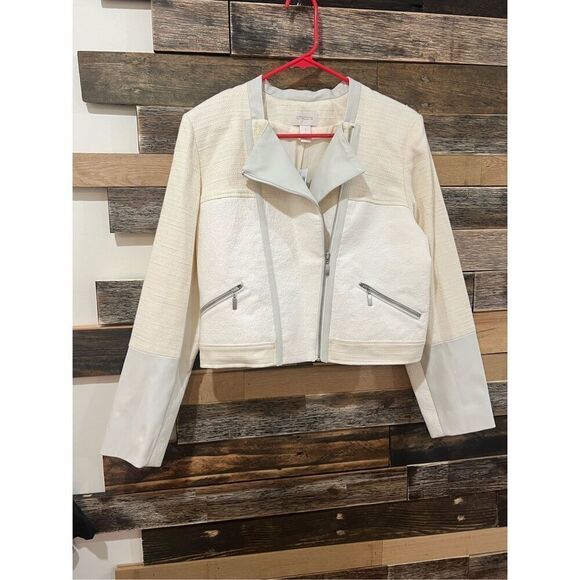 Chico's NWT defects Asymmetrical Moto Jacket Ivory Wheat Fabric Mix sz 1 M - Picture 2 of 12